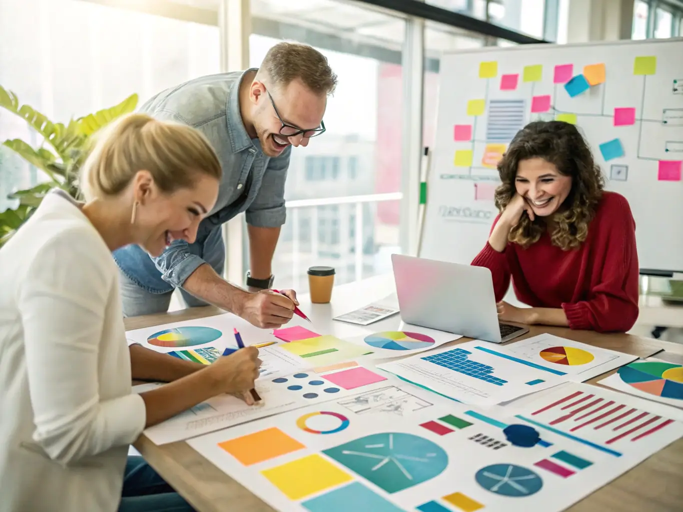 A team of marketers brainstorming over a digital marketing strategy document, with charts and graphs displayed on a large screen in the background, symbolizing strategic planning.